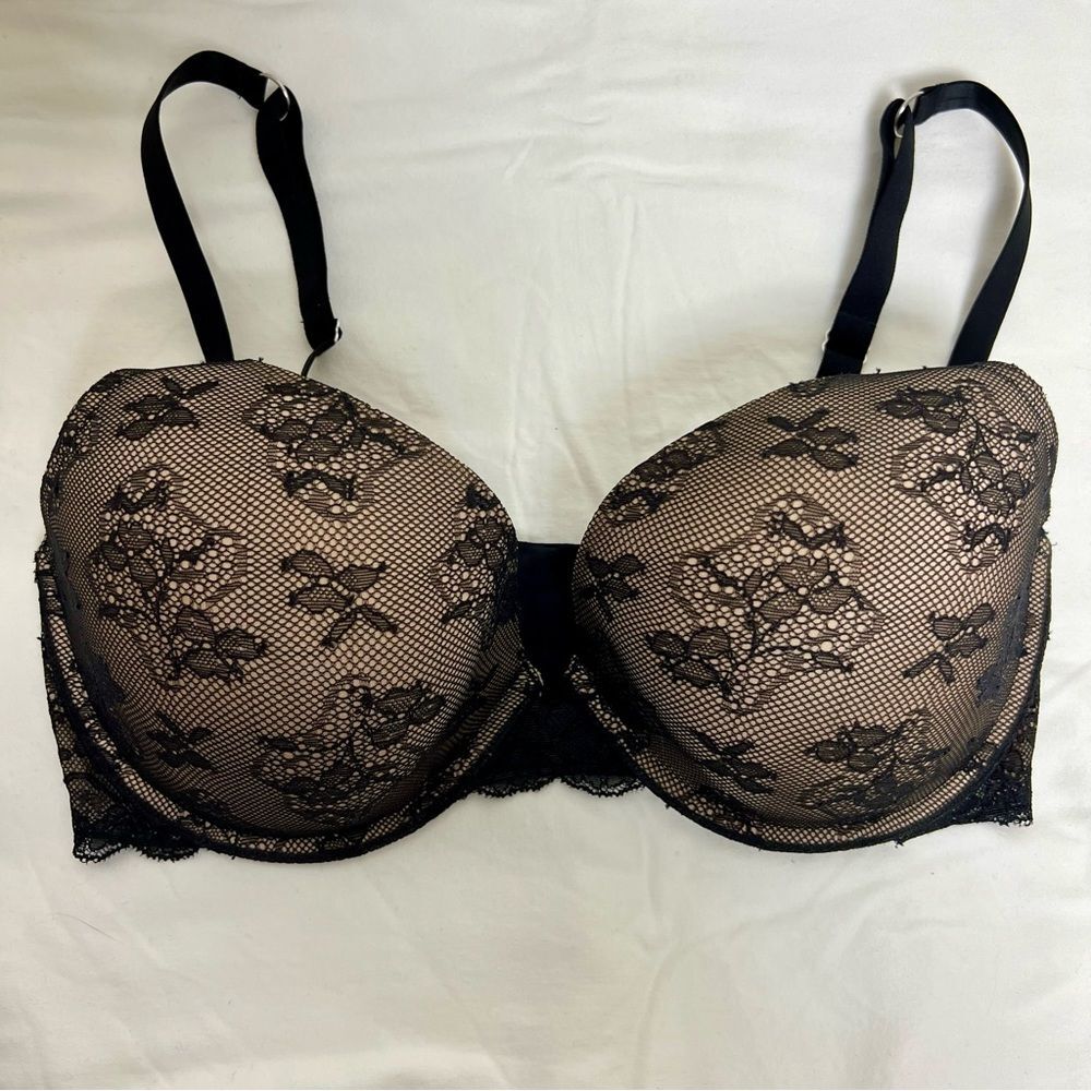 VICTORIAS SECRET BioFit Push Up Lace Bra Full Coverage Underwire Black Nude 34DD